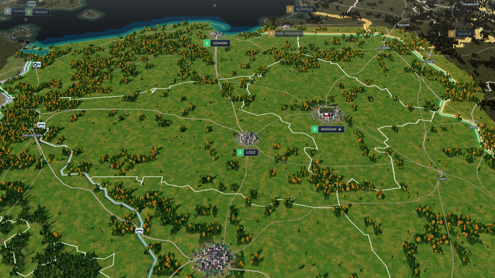 Paper Borders game map, rendered by the engine: Poland at the start of a turn