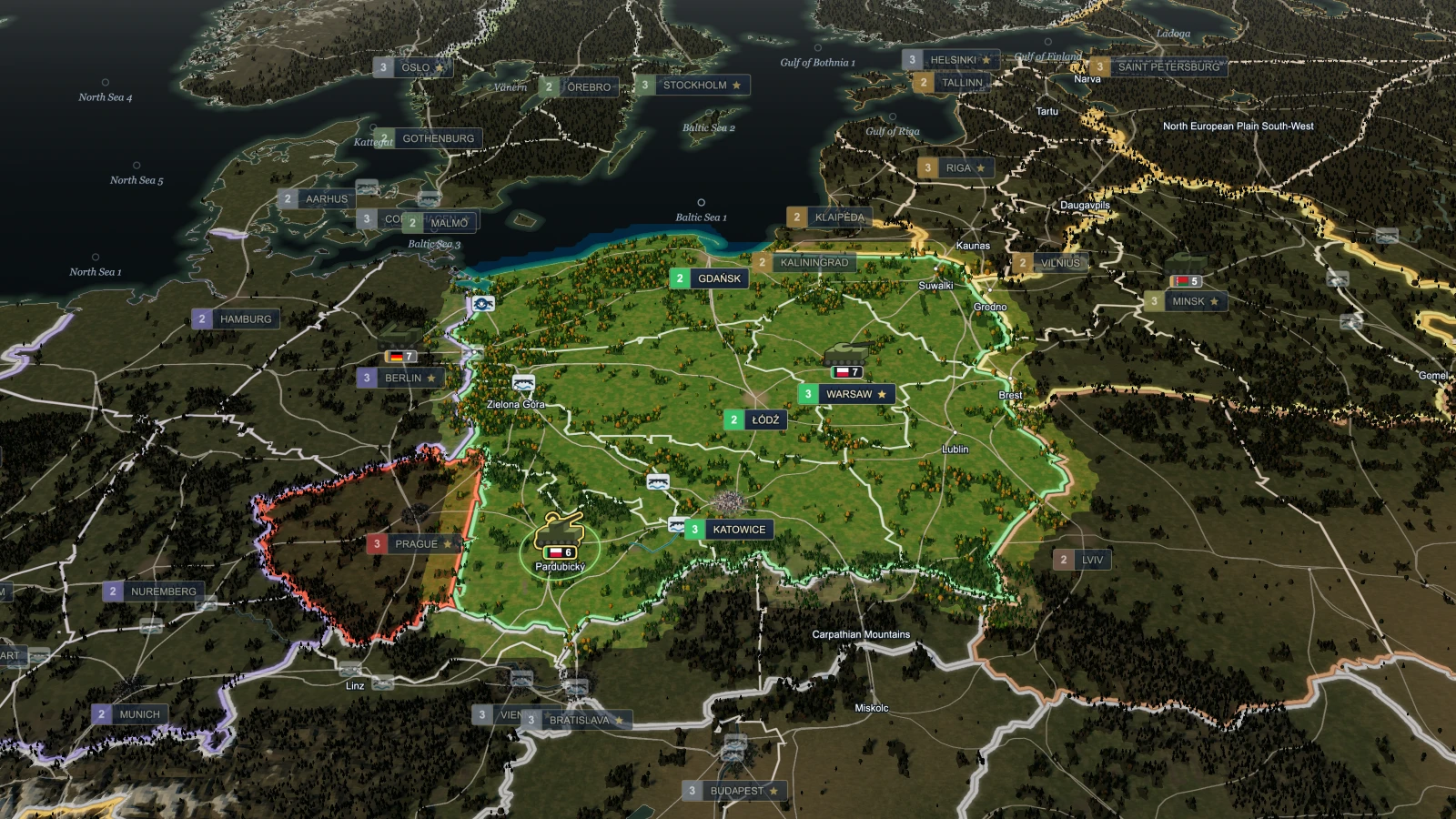 Paper Borders live map: Poland and its neighbors at the start of a turn, rendered by the game engine