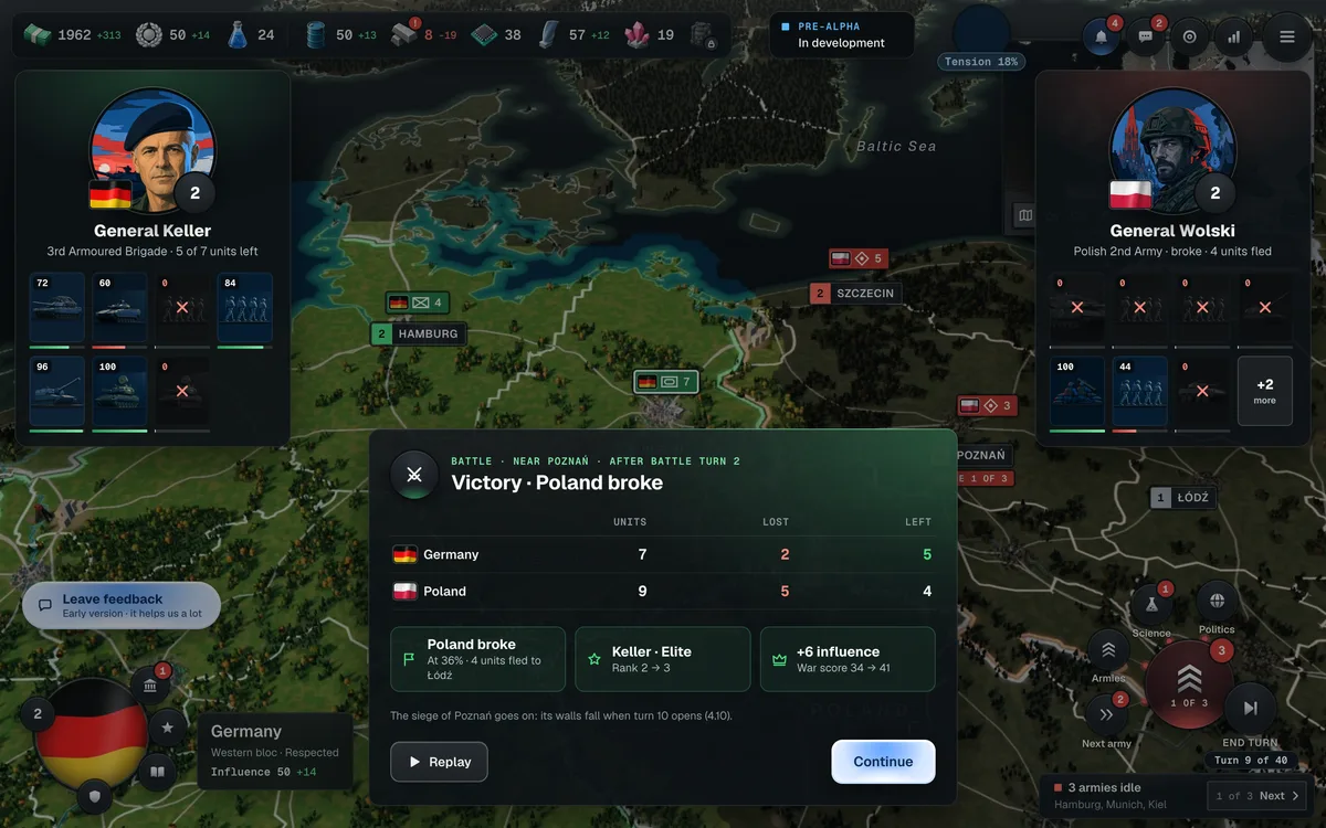Paper Borders mockup: a battle result with losses and a replay button