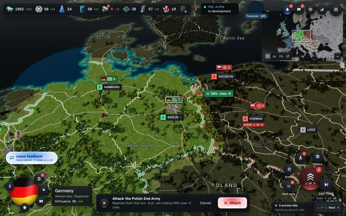 Paper Borders mockup: an order to attack, with the win chance on the route