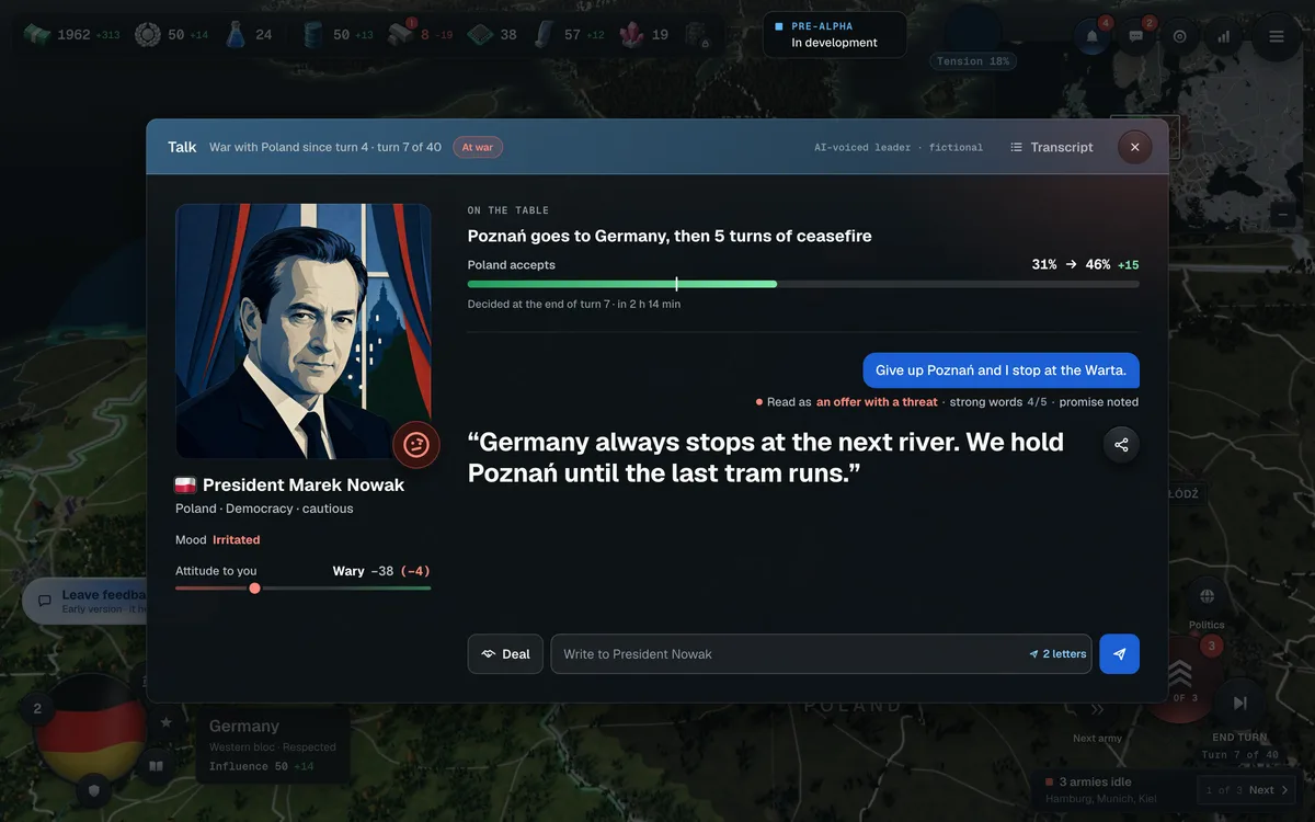 Paper Borders mockup: talking to President Marek Nowak, a fictional leader, about a ceasefire